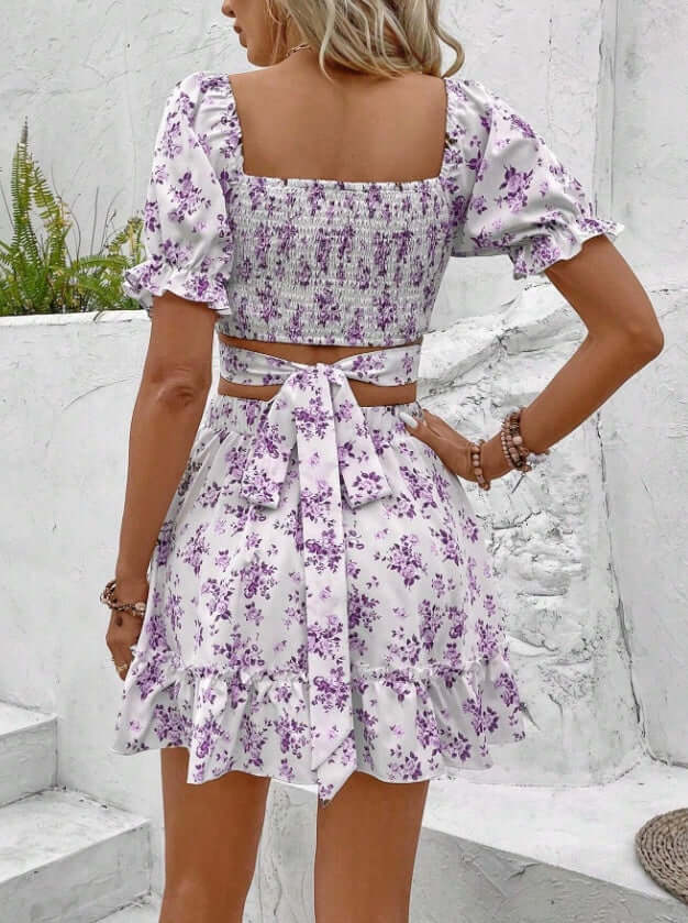 Lightweight floral co-ord set with short sleeve top and flowy skirt