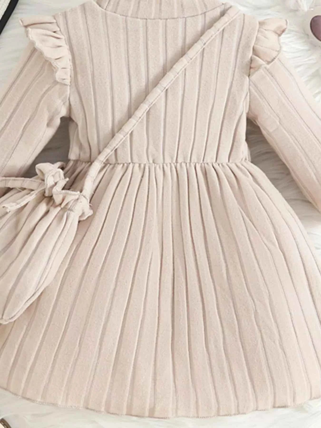 Children's Ribbed Knit Ruffle Trim Dress with Bag