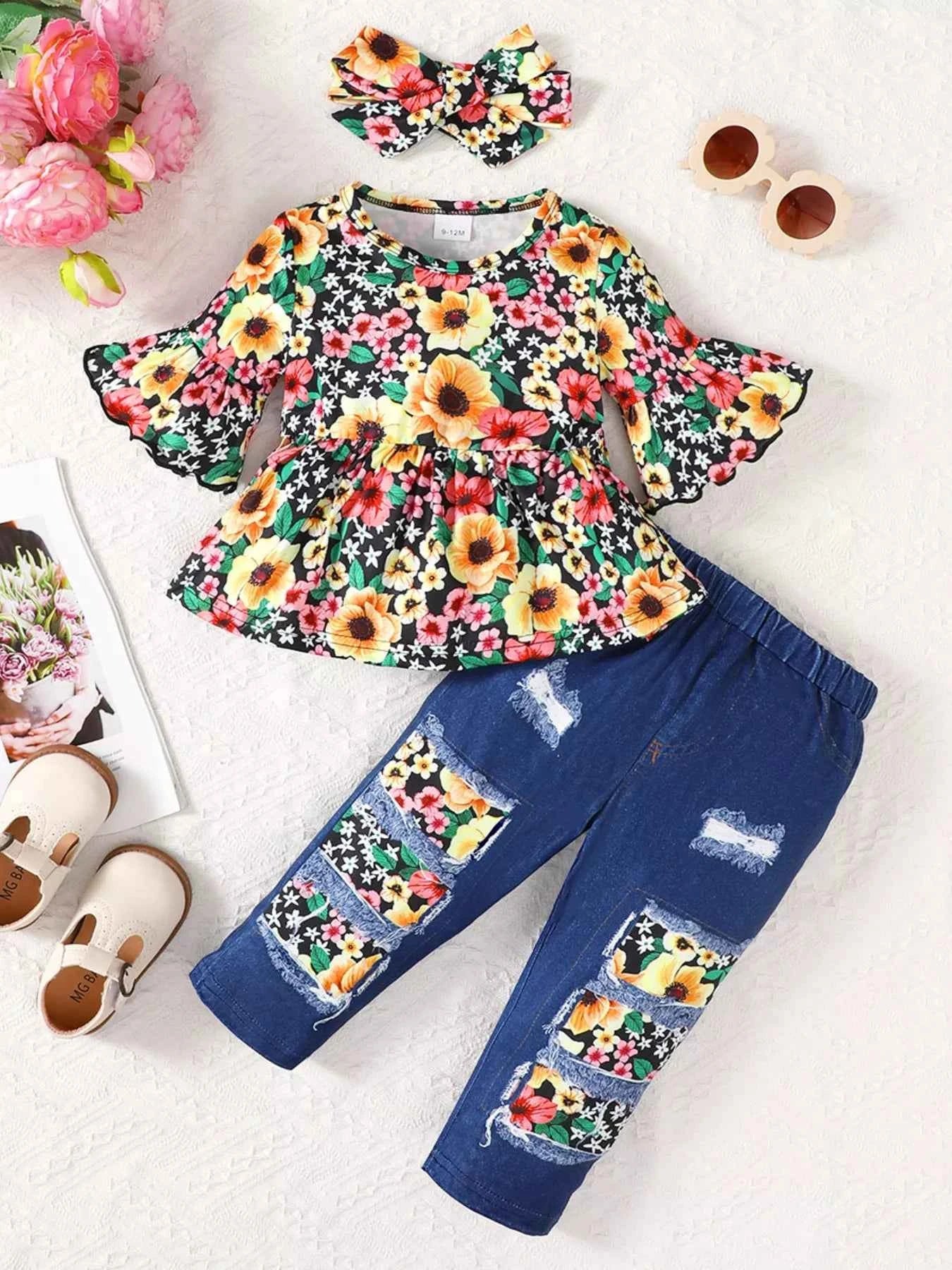 Children's Floral Bell Sleeve Top and Pants Set