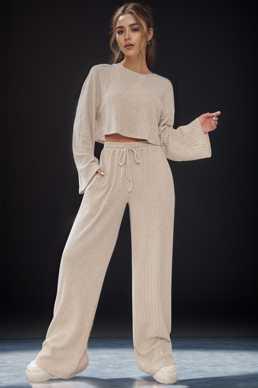 Round Neck Long Sleeve Top and Pants Set | Sugarz Chique Boutique