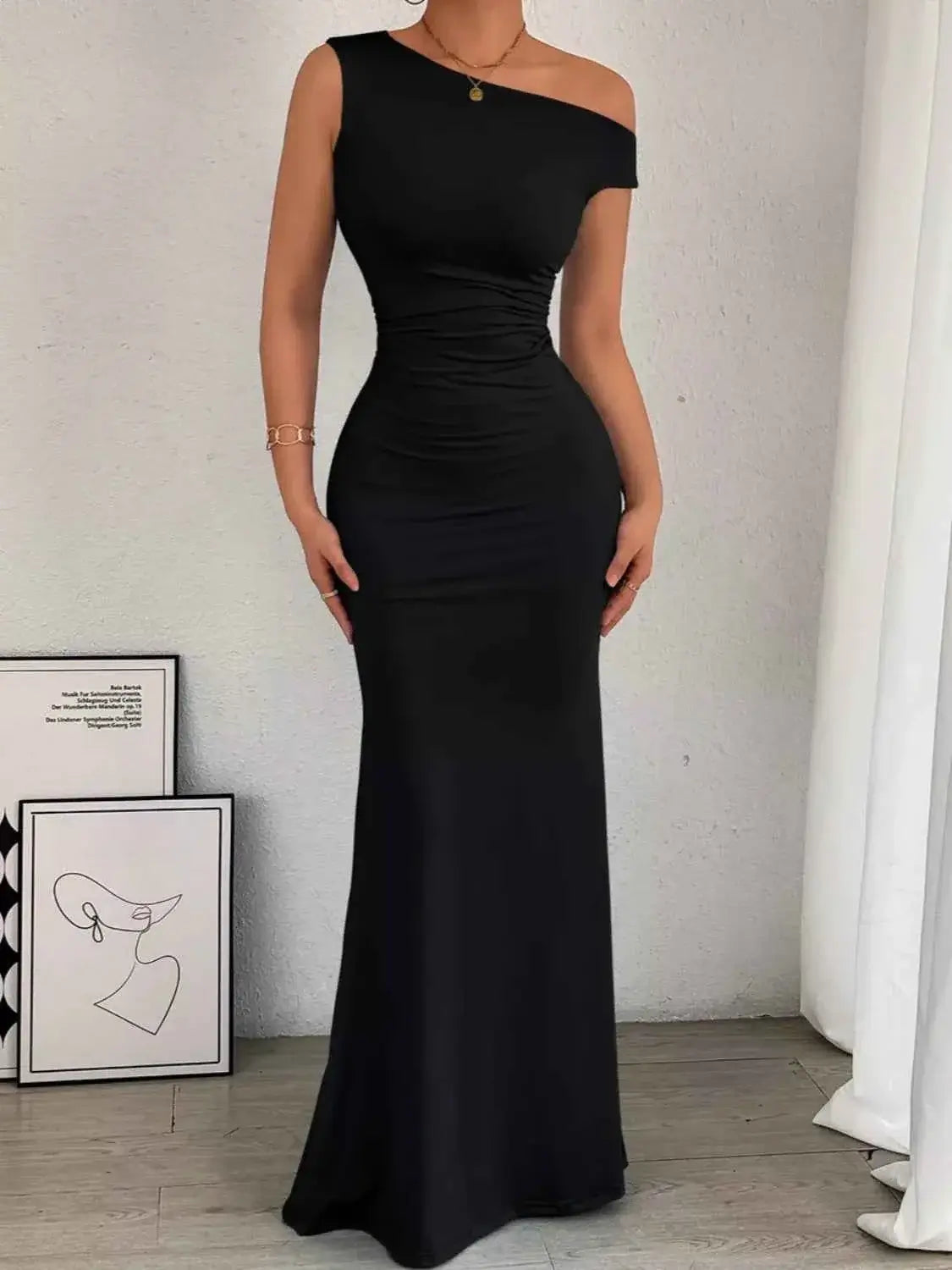 One-Shoulder Ruched Bodycon Maxi Dress