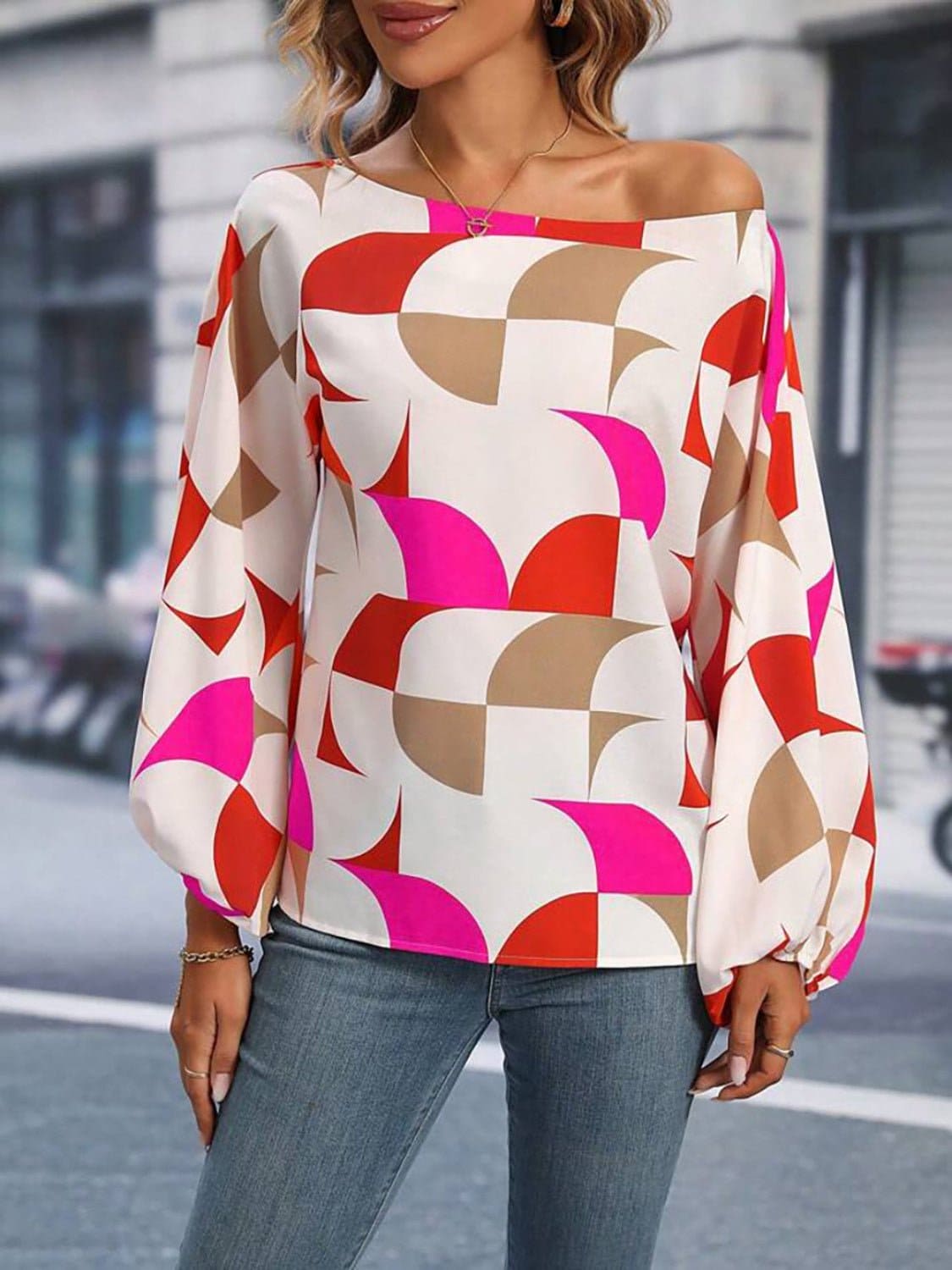 Printed One Shoulder Balloon Sleeve Blouse | Sugarz Chique Boutique