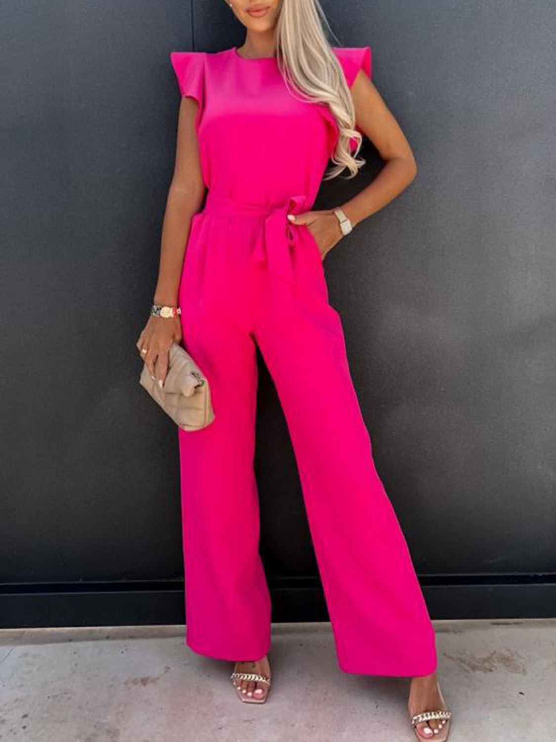 Ruffled Round Neck Cap Sleeve Jumpsuit | Sugarz Chique Boutique