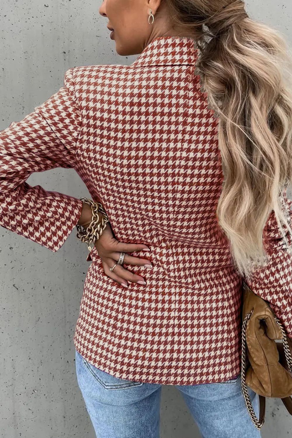 Houndstooth Collared Neck Double-Breasted Blazer | Sugarz Chique Boutique