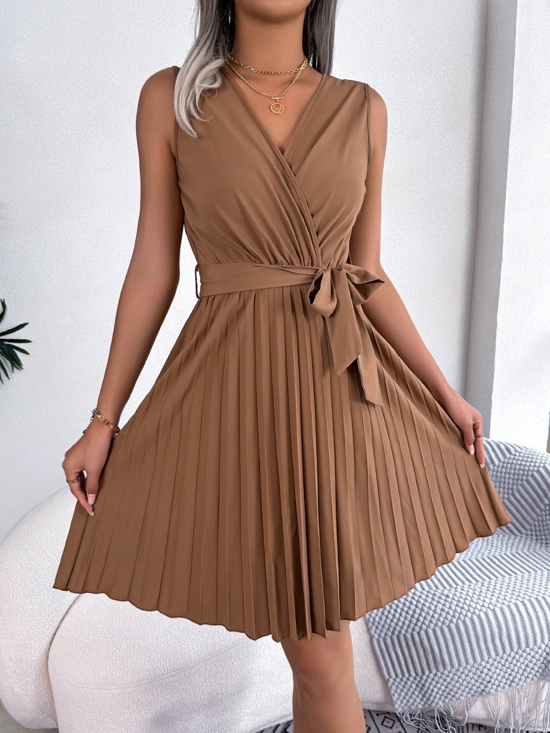 Tied Surplice Sleeveless Pleated Dress | Sugarz Chique Boutique