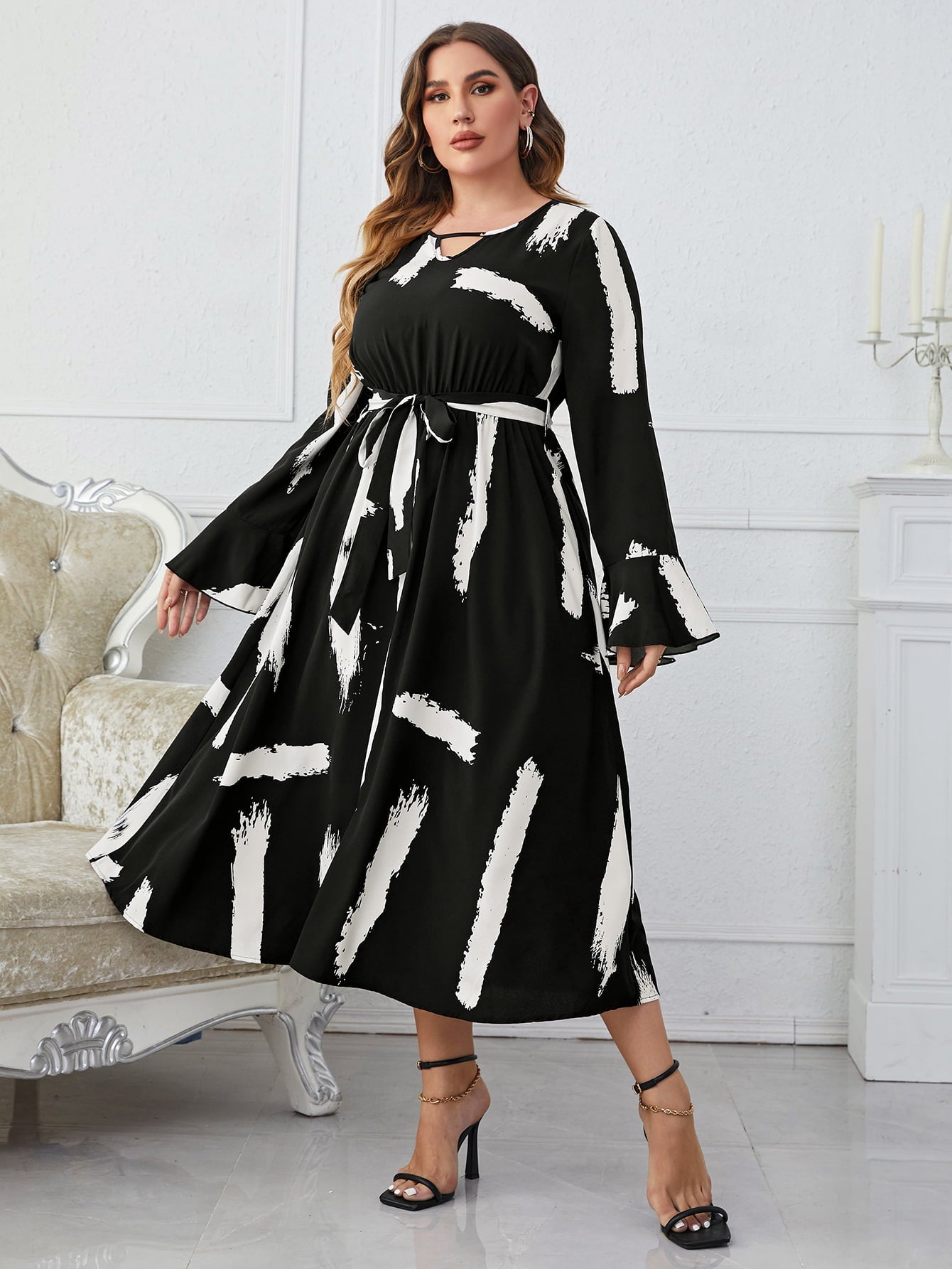 Melo Apparel Plus Size Printed Tie Belt Flare Sleeve Round Neck Midi Dress | Sugarz Chique Boutique