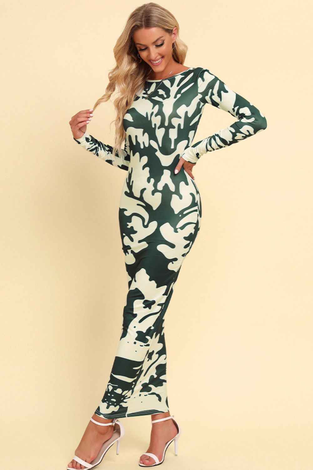 Printed Backless Long Sleeve Maxi Dress | Sugarz Chique Boutique