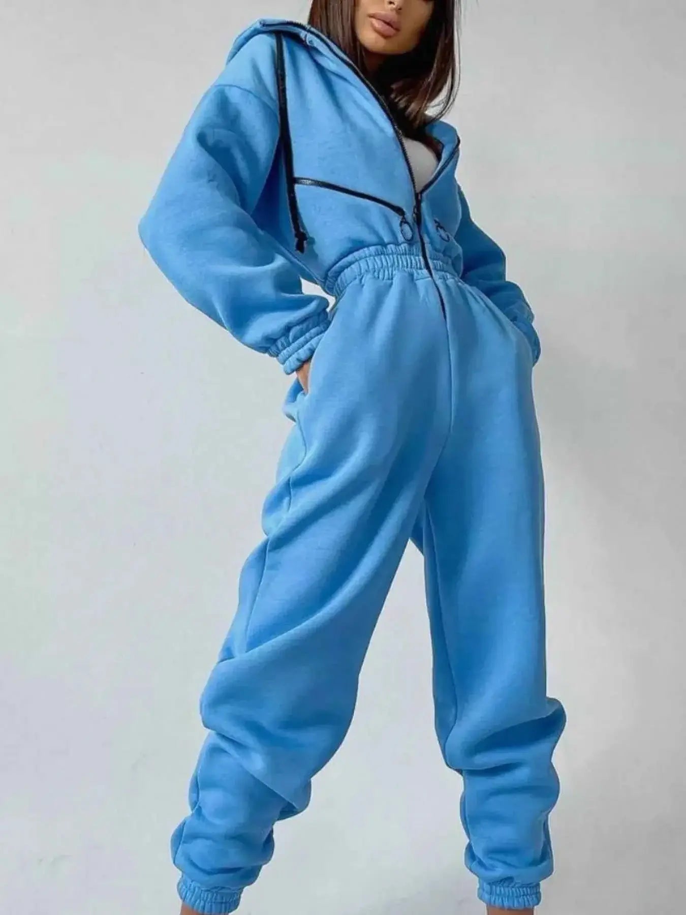 Hooded Zip-Up Long Sleeve Jumpsuit