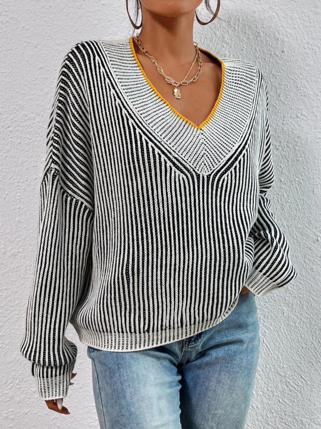 Striped V-Neck Long Sleeve Sweater | Sugarz Chique Boutique