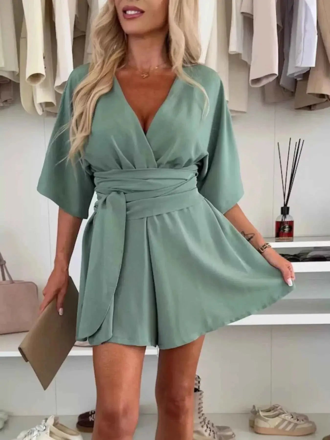 Full Size Surplice Tie Waist Romper Plus Size | Sugarz Chique Boutique