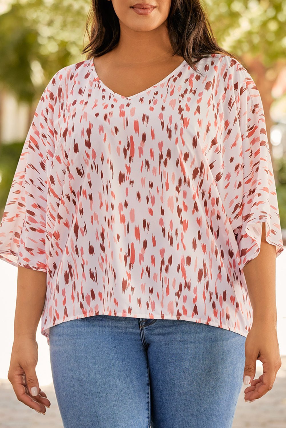 Plus Size Printed V-Neck Blouse | Sugarz Chique Boutique