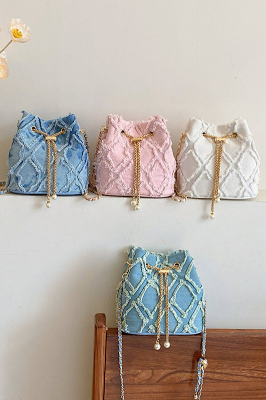 Chain Drawstring Raw Edge Denim Bucket Bag | Sugarz Chique Boutique