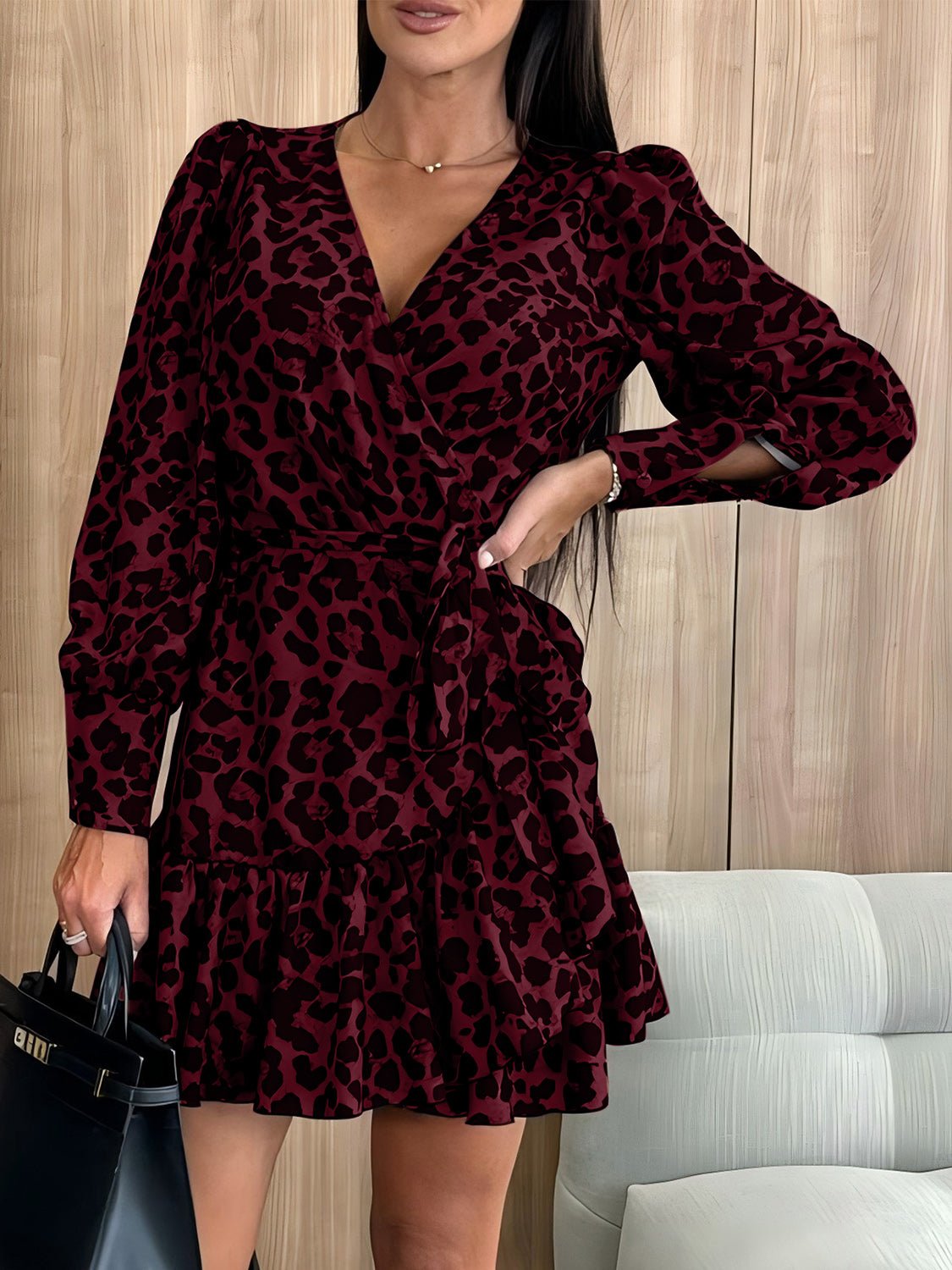 Tied Leopard Surplice Long Sleeve Dress | Sugarz Chique Boutique