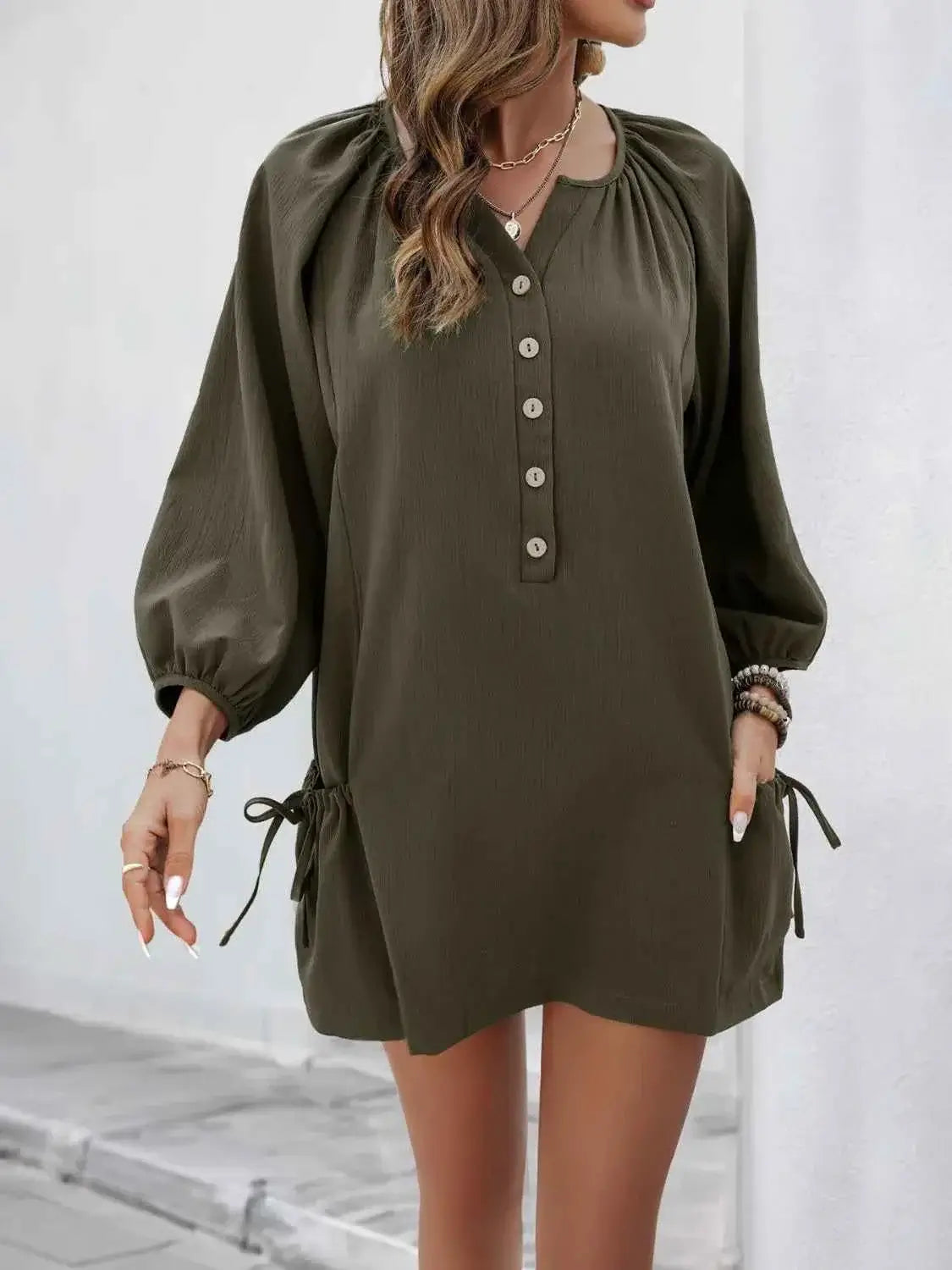 Button Front Balloon Sleeve Dress