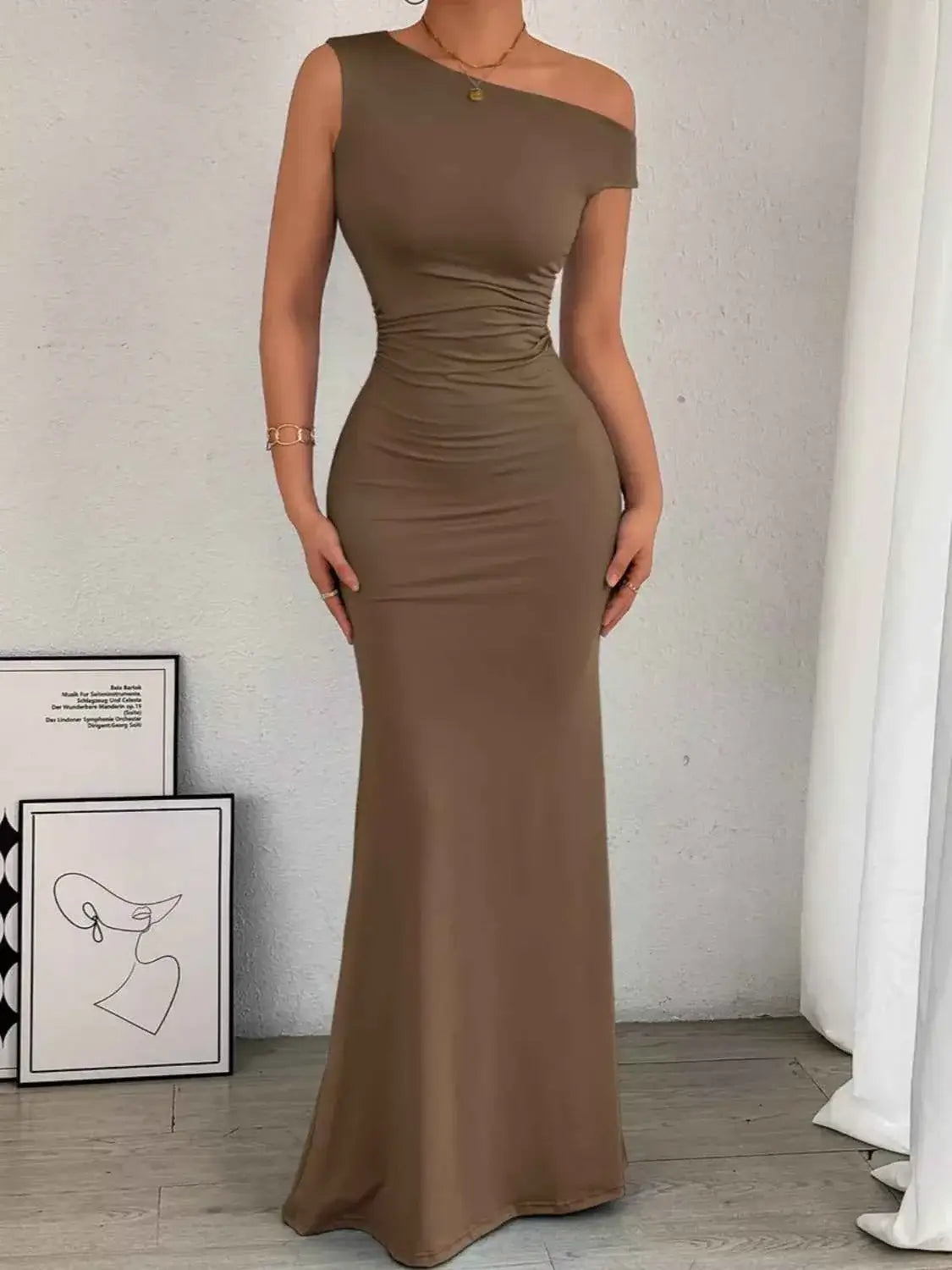 One-Shoulder Ruched Bodycon Maxi Dress