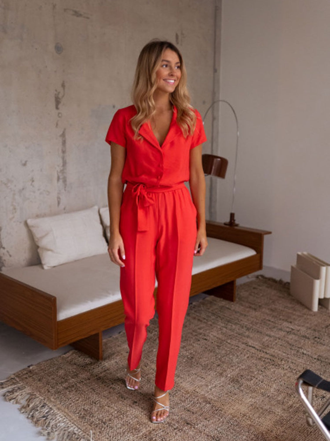 Tied Collared Neck Short Sleeve Jumpsuit