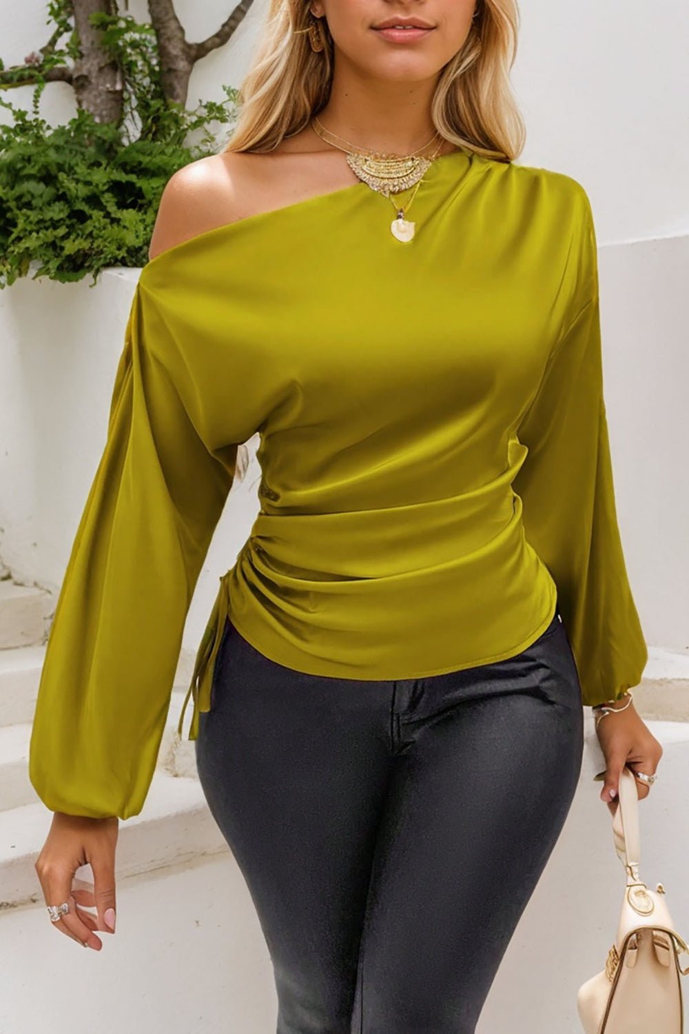 Drawstring One Shoulder Long Sleeve Blouse | Sugarz Chique Boutique