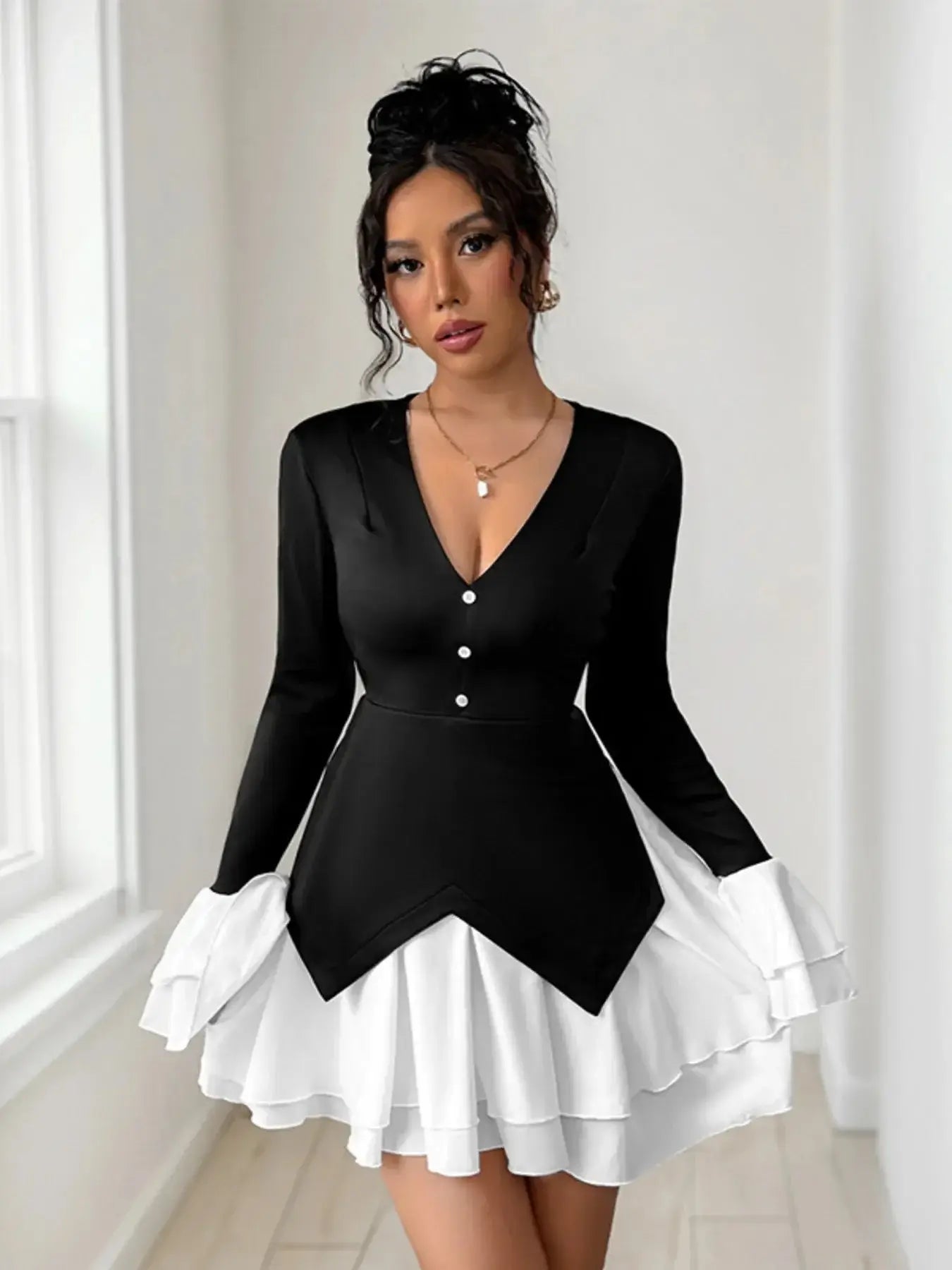 Two Tone V-Neck Long Sleeve Mini Dress | Sugarz Chique Boutique