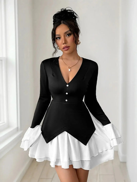 Two Tone V-Neck Long Sleeve Mini Dress | Sugarz Chique Boutique