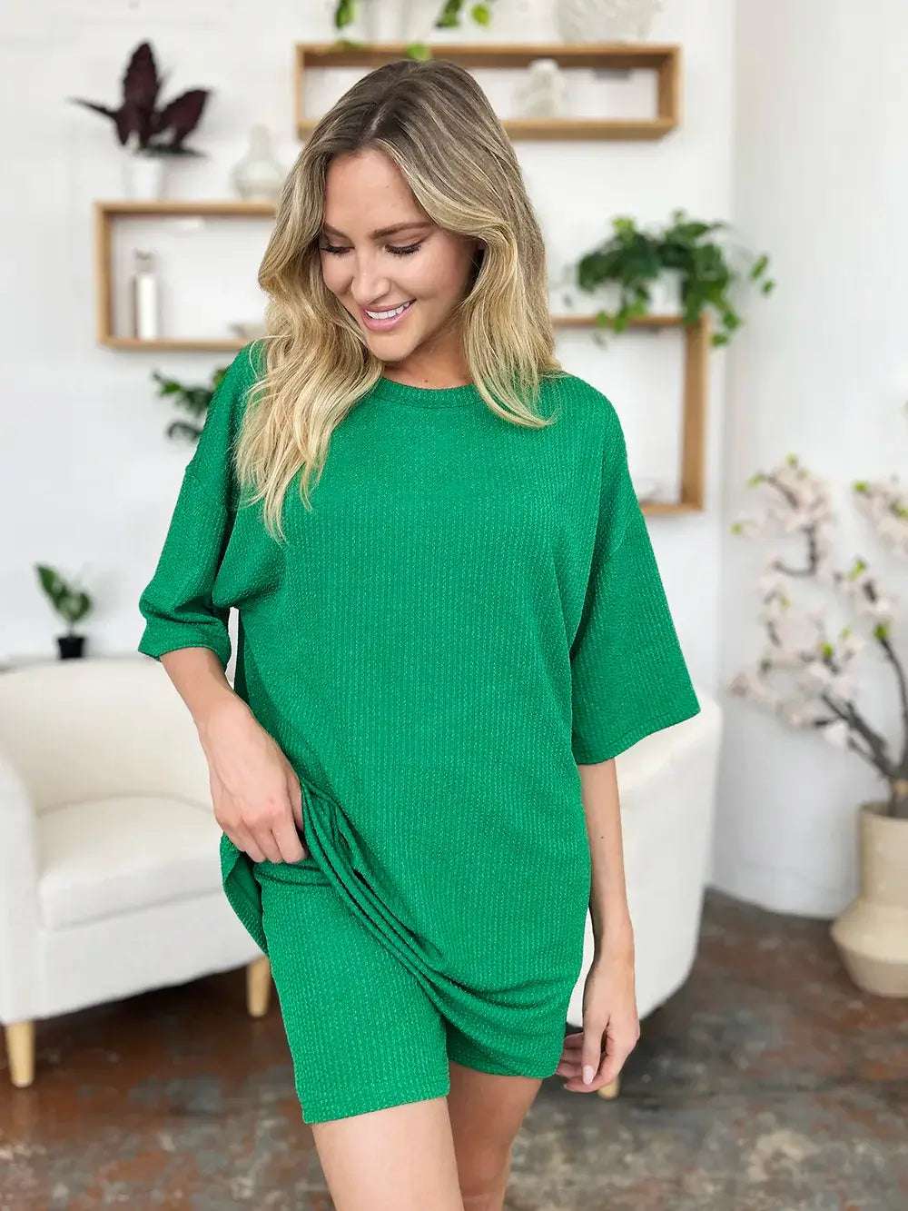 Double Take Full Size Texture Round Neck Drop Shoulder T-Shirt and Shorts Set | Sugarz Chique Boutique