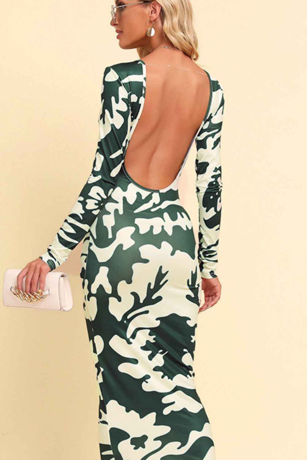Printed Backless Long Sleeve Maxi Dress | Sugarz Chique Boutique