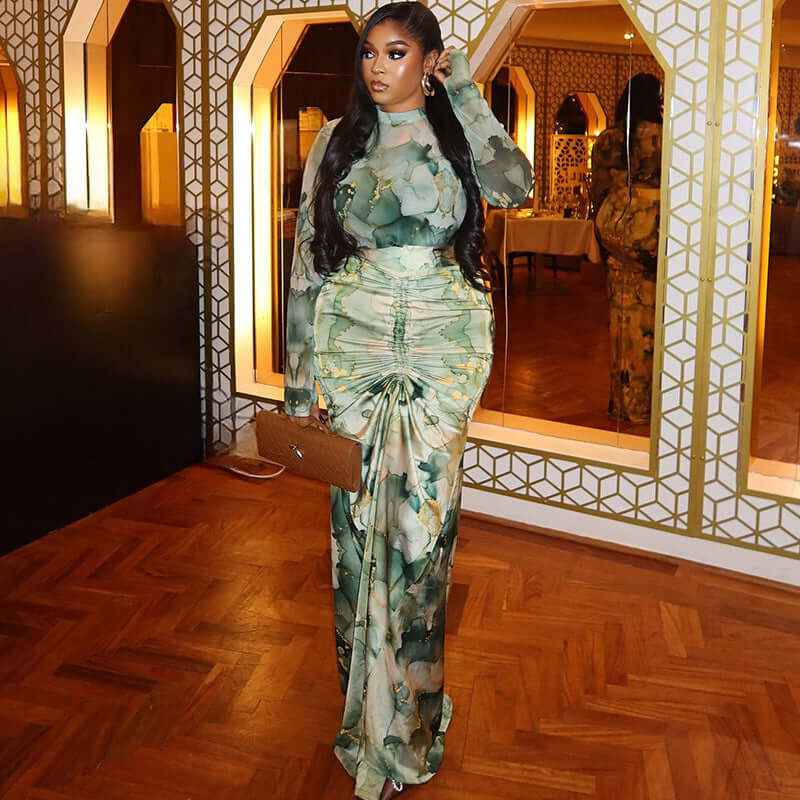 Printed Waist-wrapped Slim Fit Skirt Pleated Dress High Collar Two-piece Set