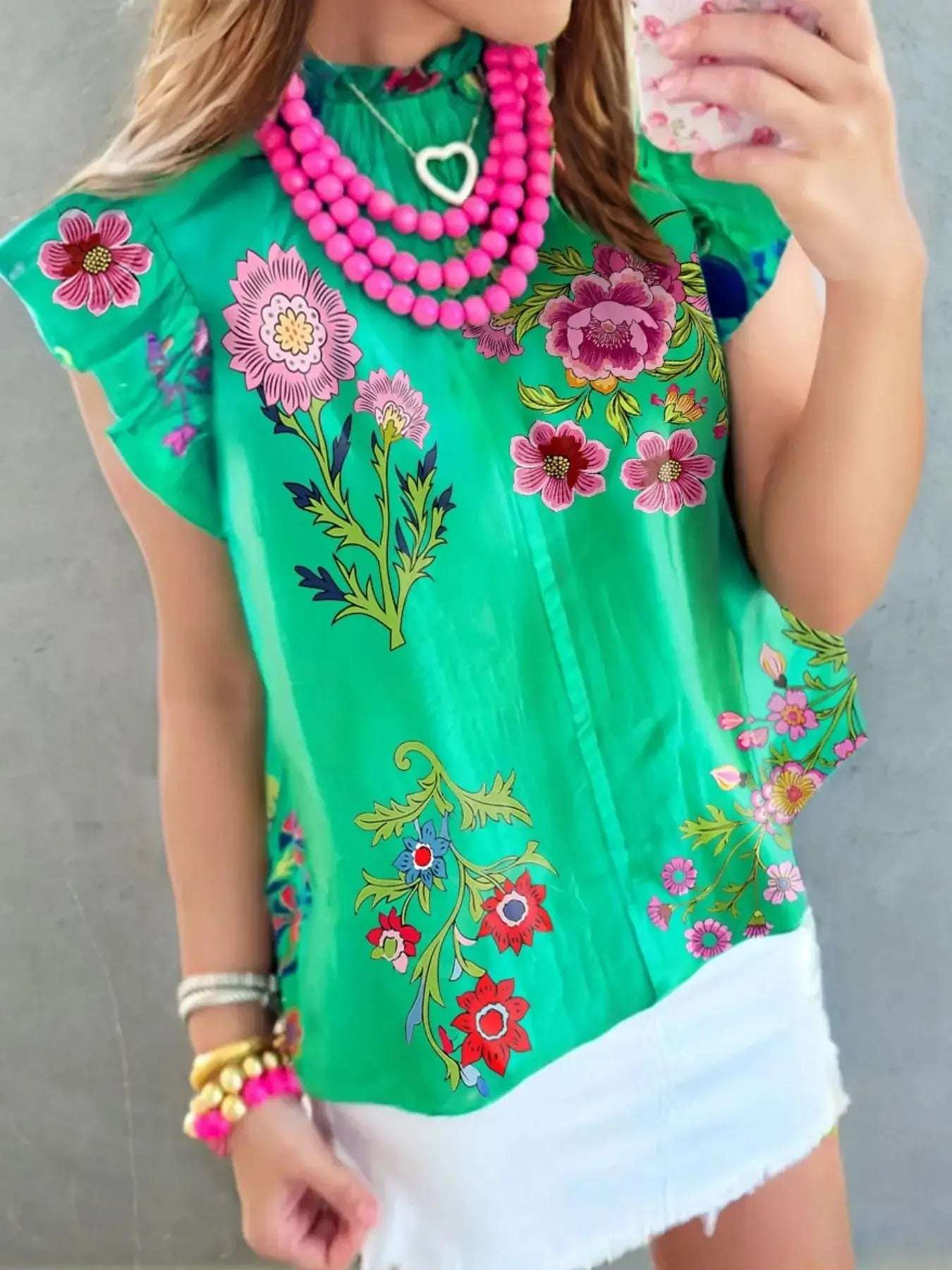 Floral Ruffle Cap Sleeve Blouse | Sugarz Chique Boutique
