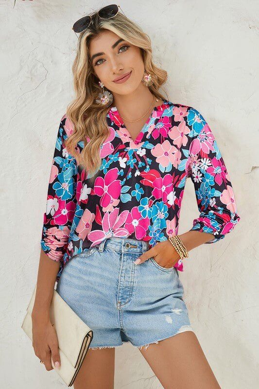 Floral V Neck Tab Long Sleeve Blouse - Sugarz Chique Boutique