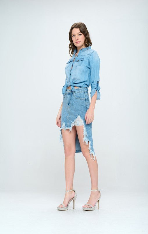 FRONT DESTROYED DENIM SKIRT - Sugarz Chique Boutique