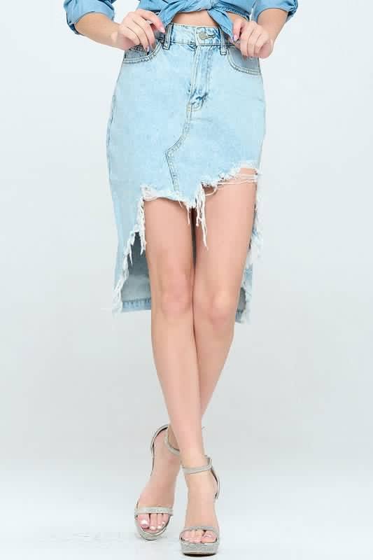 FRONT DESTROYED DENIM SKIRT - Sugarz Chique Boutique