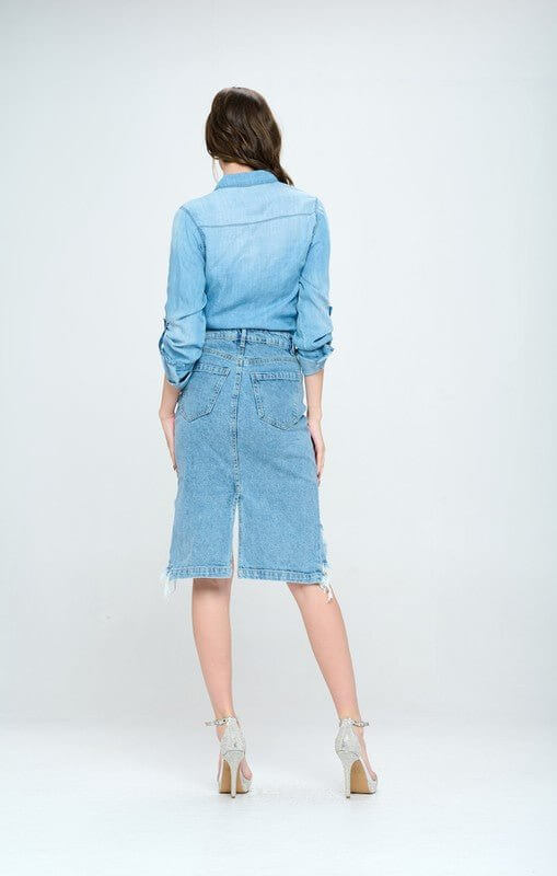 FRONT DESTROYED DENIM SKIRT - Sugarz Chique Boutique