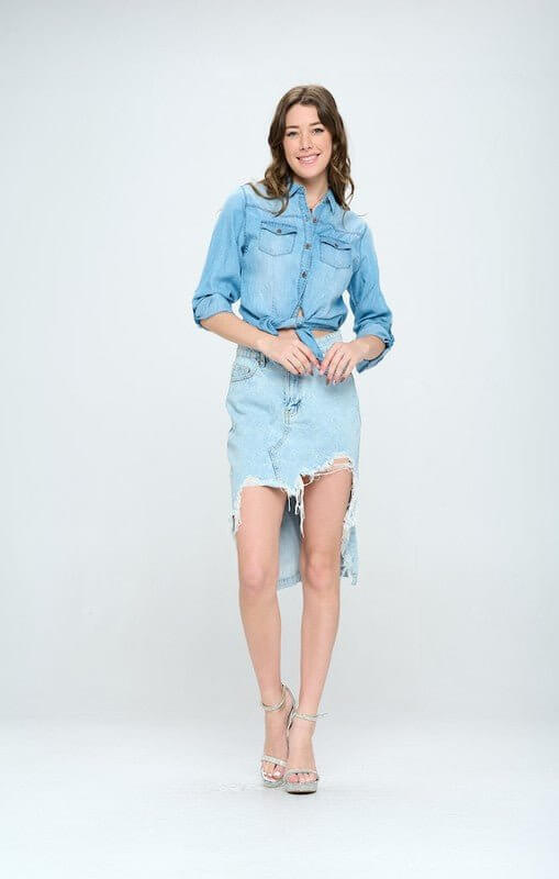 FRONT DESTROYED DENIM SKIRT - Sugarz Chique Boutique