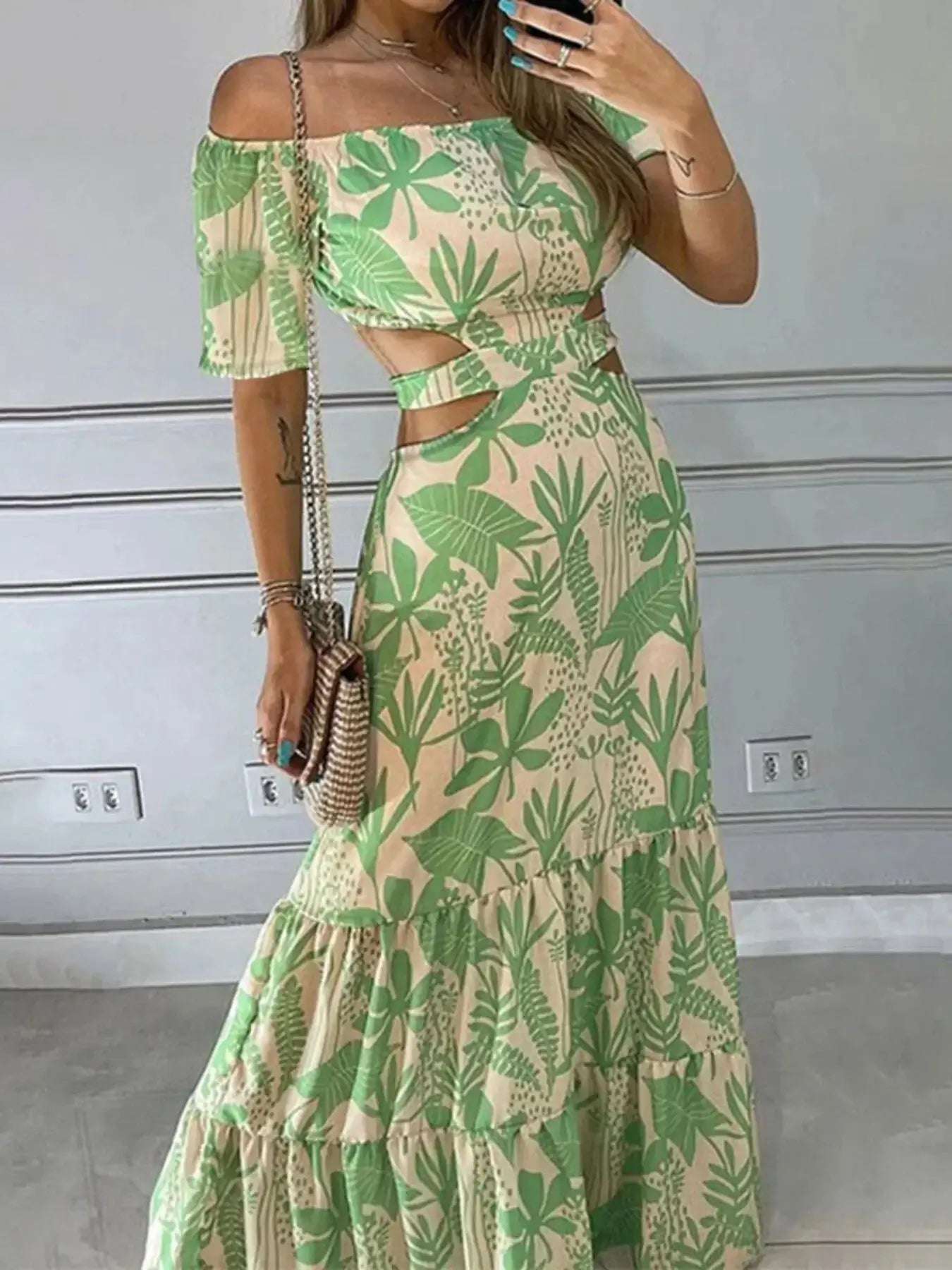 Full Size Cutout Off-Shoulder Printed Maxi Dress Plus Size | Sugarz Chique Boutique