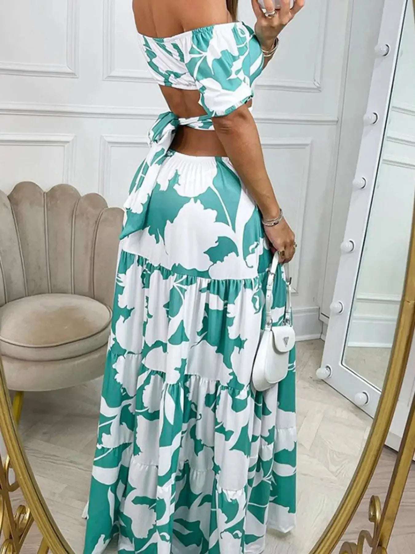 Full Size Cutout Off-Shoulder Printed Maxi Dress Plus Size | Sugarz Chique Boutique