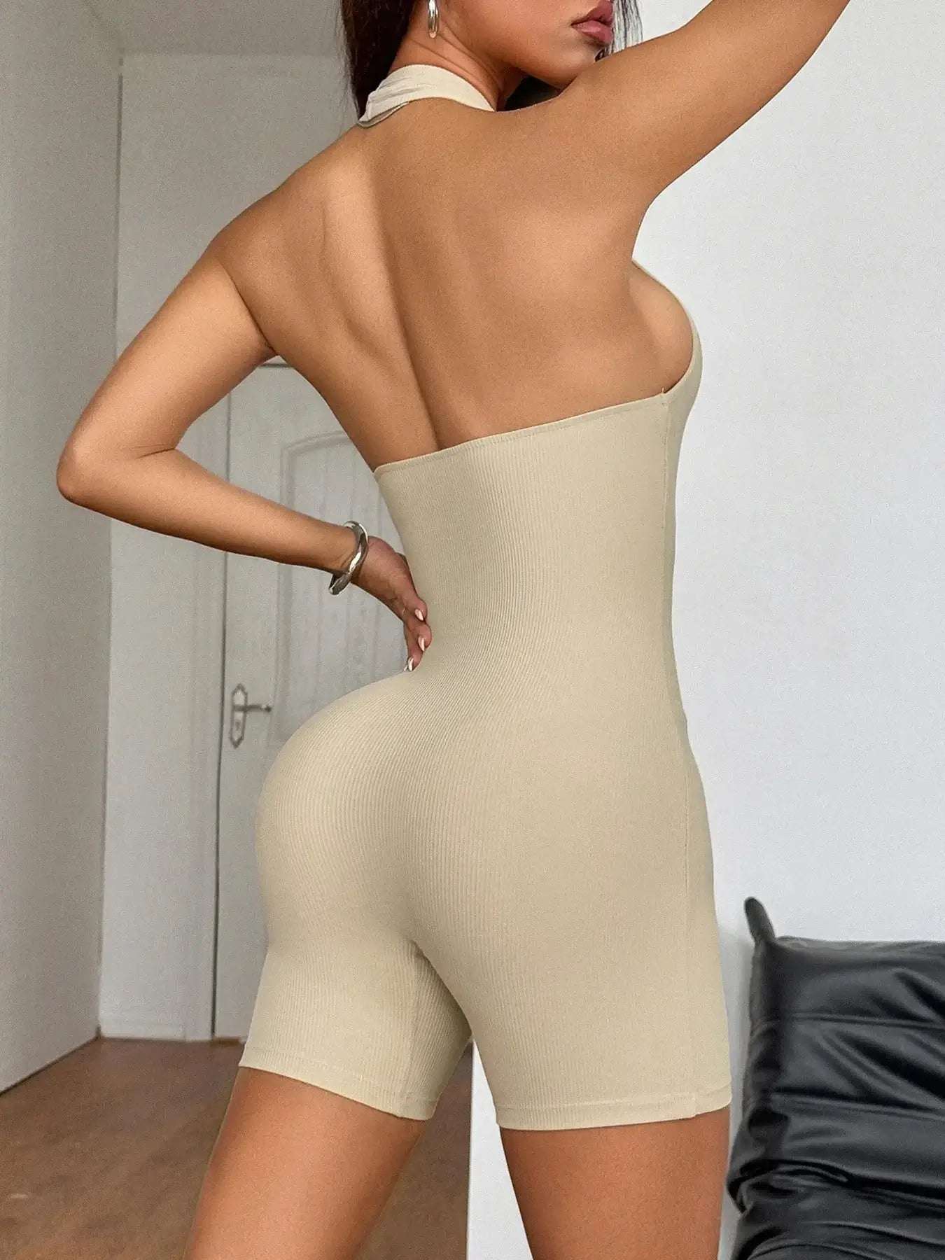 Halter Neck Ribbed Athletic Romper | Sugarz Chique Boutique