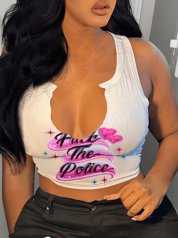 Women's Fashion Sexy Letter Printed T-shirt Sleeveless Vest U-neck Small Vest | Sugarz Chique Boutique