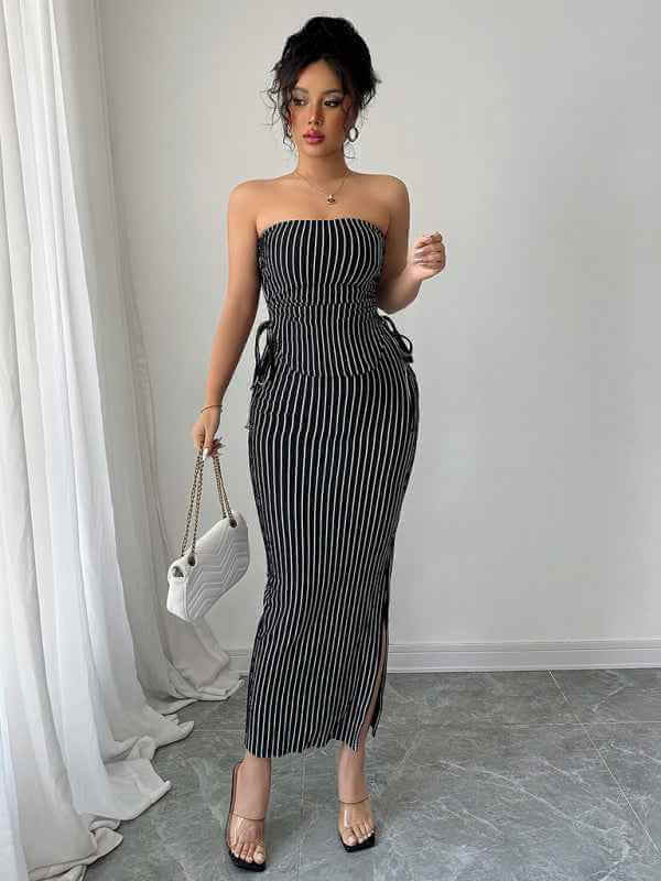 Elegant striped strappy tube top hip skirt suit | Sugarz Chique Boutique