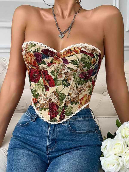 Street retro flower print chest wrap lace lace French niche fishbone small vest | Sugarz Chique Boutique