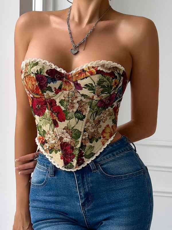 Street retro flower print chest wrap lace lace French niche fishbone small vest | Sugarz Chique Boutique