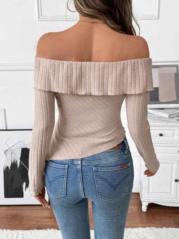 Solid color long-sleeved one-shoulder neckline irregular hem knitted T-shirt | Sugarz Chique Boutique