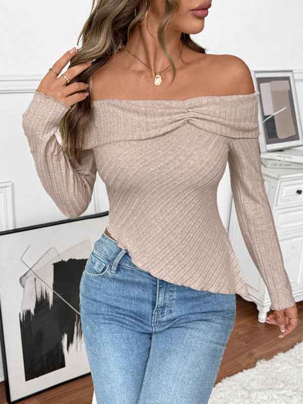 Solid color long-sleeved one-shoulder neckline irregular hem knitted T-shirt | Sugarz Chique Boutique