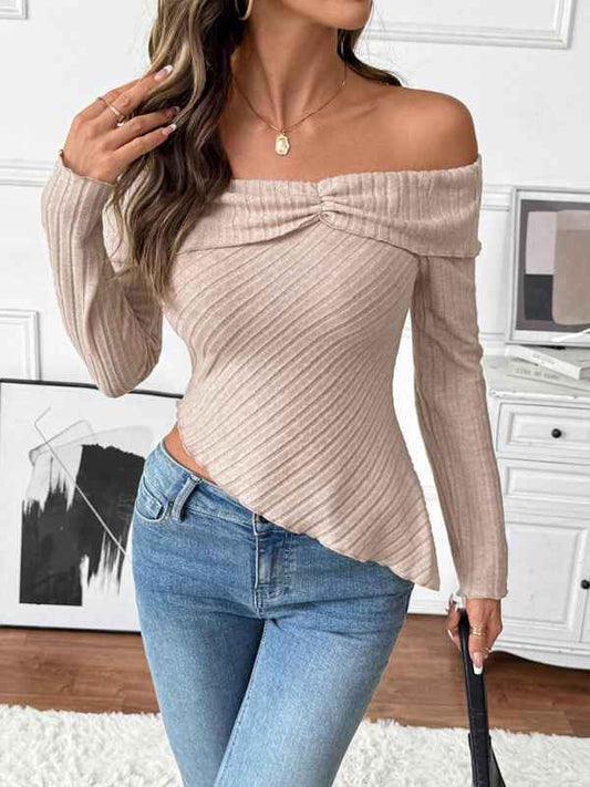 Solid color long-sleeved one-shoulder neckline irregular hem knitted T-shirt | Sugarz Chique Boutique