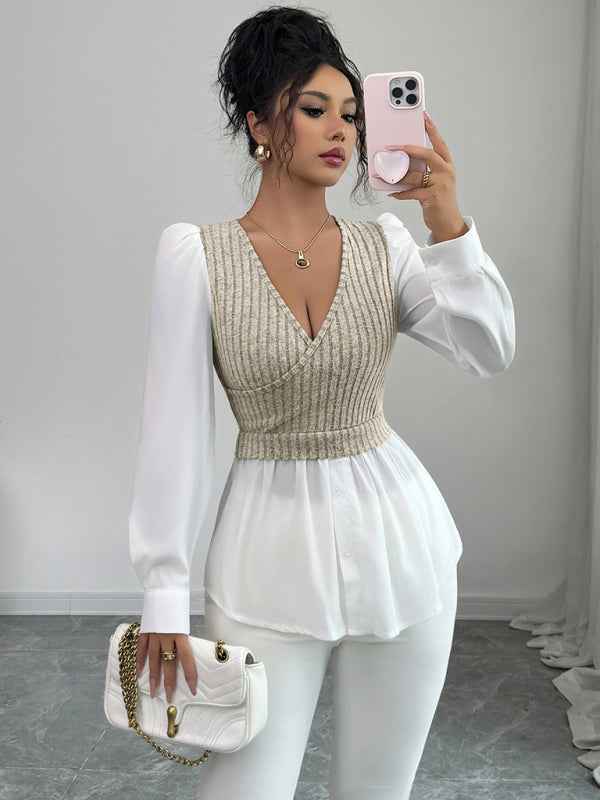 Elegant patchwork long-sleeved vest shirt | Sugarz Chique Boutique