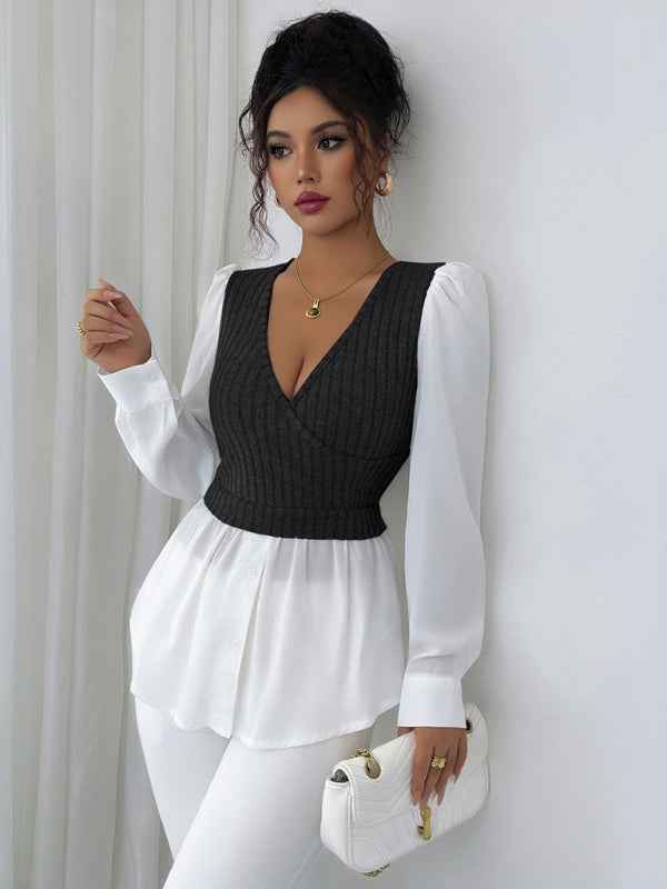 Elegant patchwork long-sleeved vest shirt | Sugarz Chique Boutique