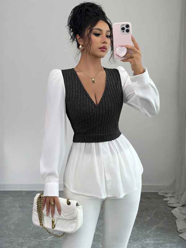 Elegant patchwork long-sleeved vest shirt | Sugarz Chique Boutique