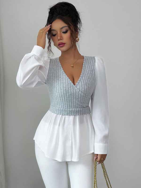 Elegant patchwork long-sleeved vest shirt | Sugarz Chique Boutique