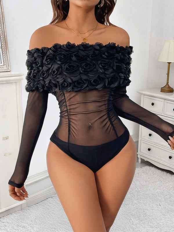 Party Hottie Sexy See-Through Mesh Off-Shoulder 3D Flower Solid Color Bodysuit | Sugarz Chique Boutique