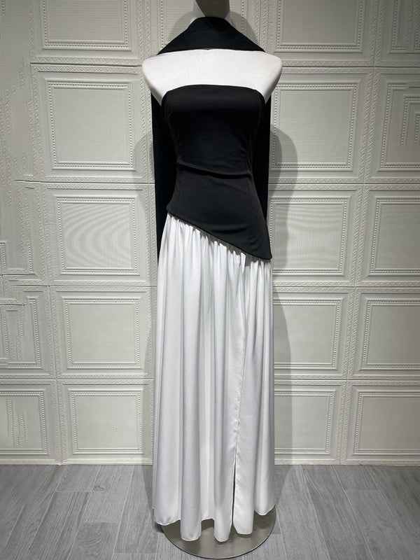 Black and white colorblock tube top solid color open back slit dress | Sugarz Chique Boutique