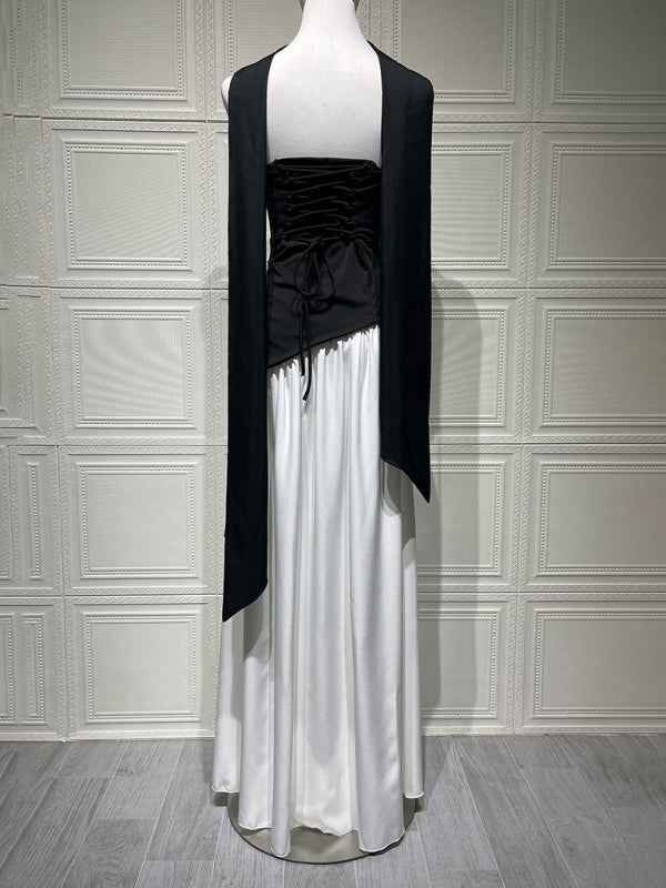Black and white colorblock tube top solid color open back slit dress | Sugarz Chique Boutique