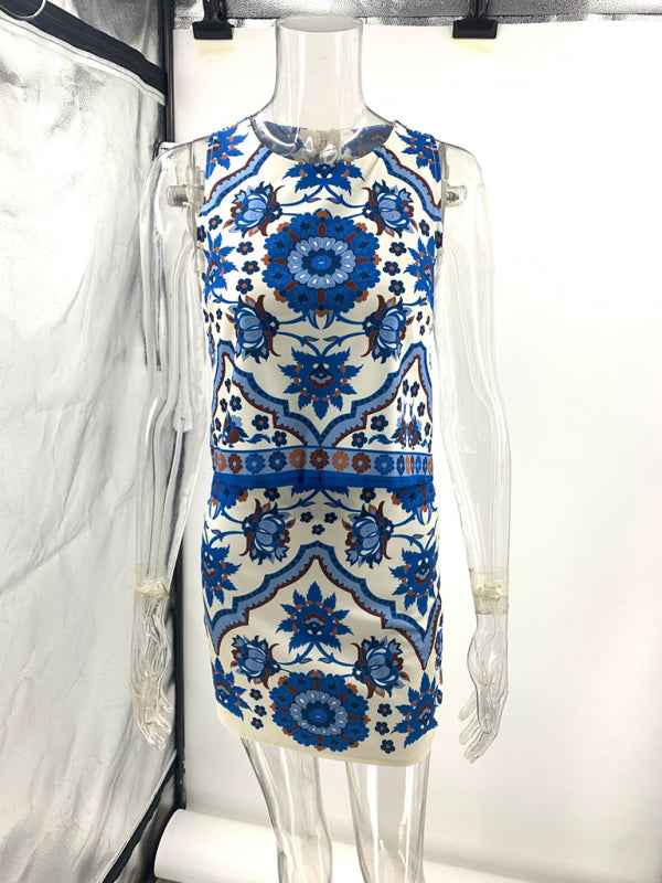 Blue printed round neck top and short skirt two-piece set | Sugarz Chique Boutique